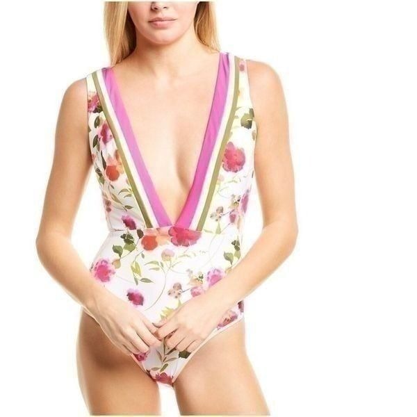 Nanette Lepore Deep Plunge Floral One Piece Swimsuit Swim 14 Flower NEW Size 14