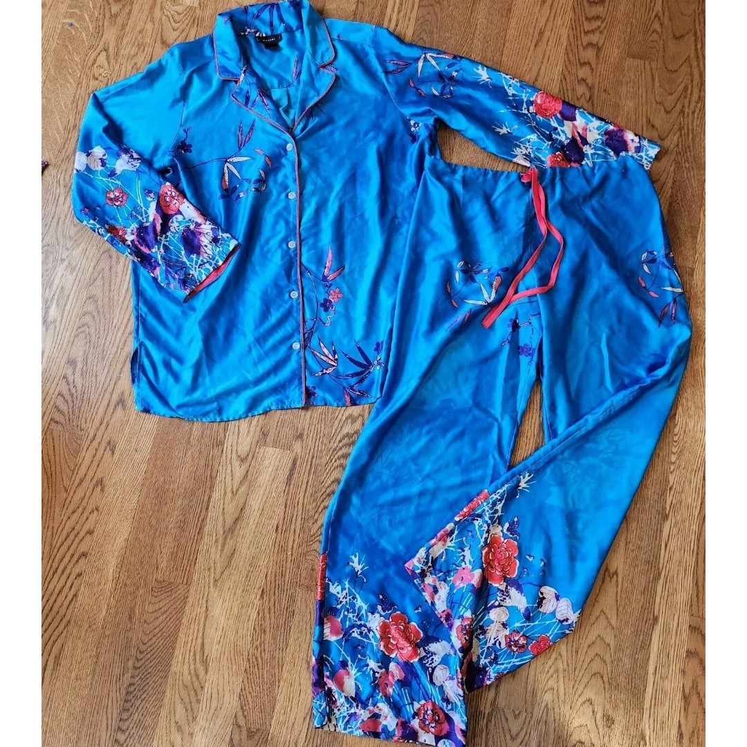 Natori Satin Blue Floral Pajamas Set Women M Medium Excellent Comfy