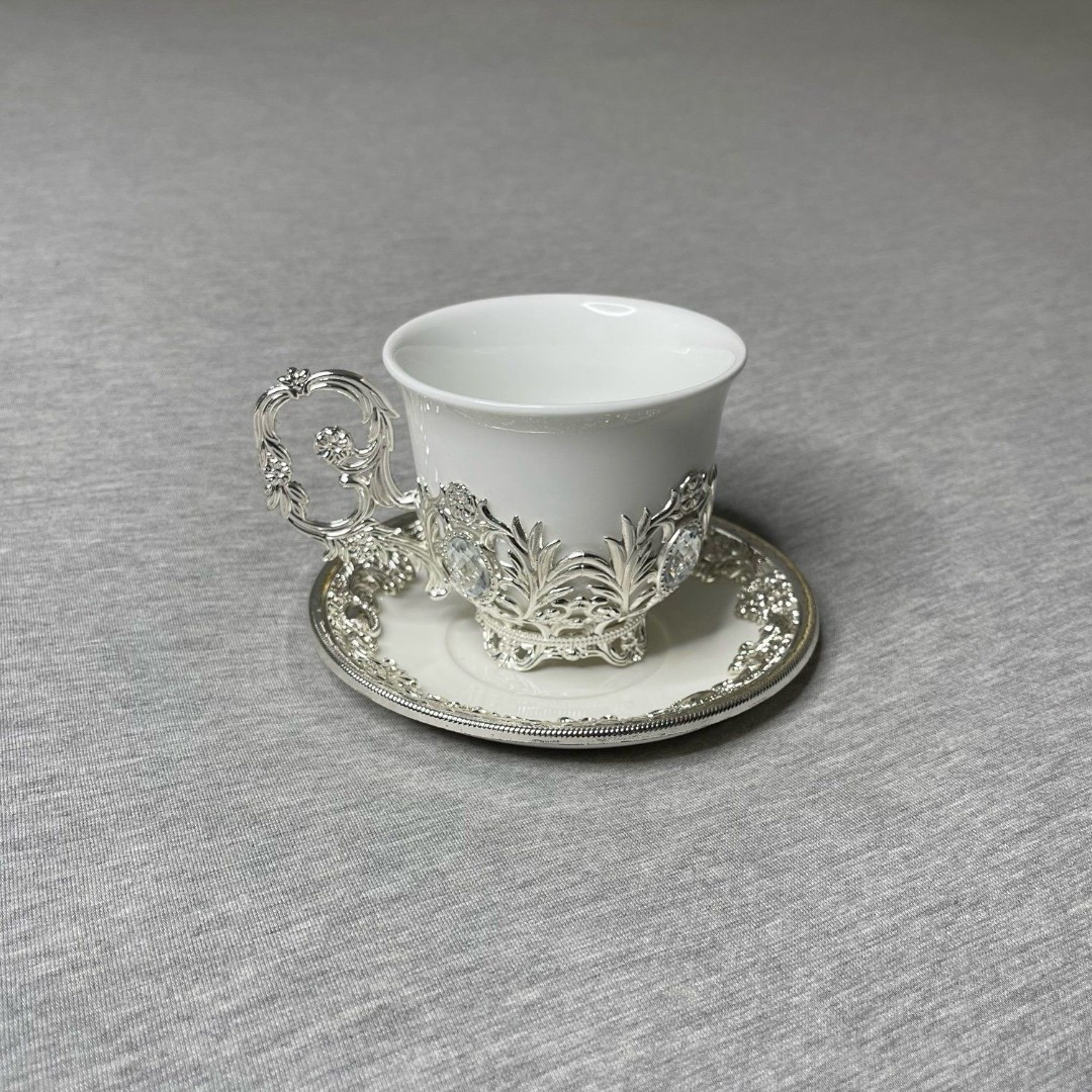 Pandiani Pologne Turkish Porcelain Silver Coffee, Tea Cup with Plate 2 PCS. Set