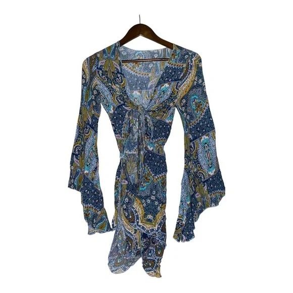 V-Neck Paisley Print Women Romper Playsuit Long Bell Sleeves Bohomian M