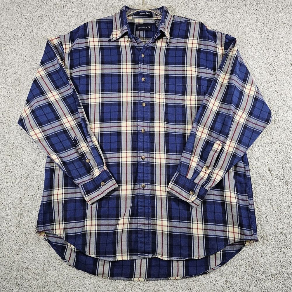 Gant Chelsea Twill Blue Plaid Long Sleeve Button Down Shirt Mens L Streetwear