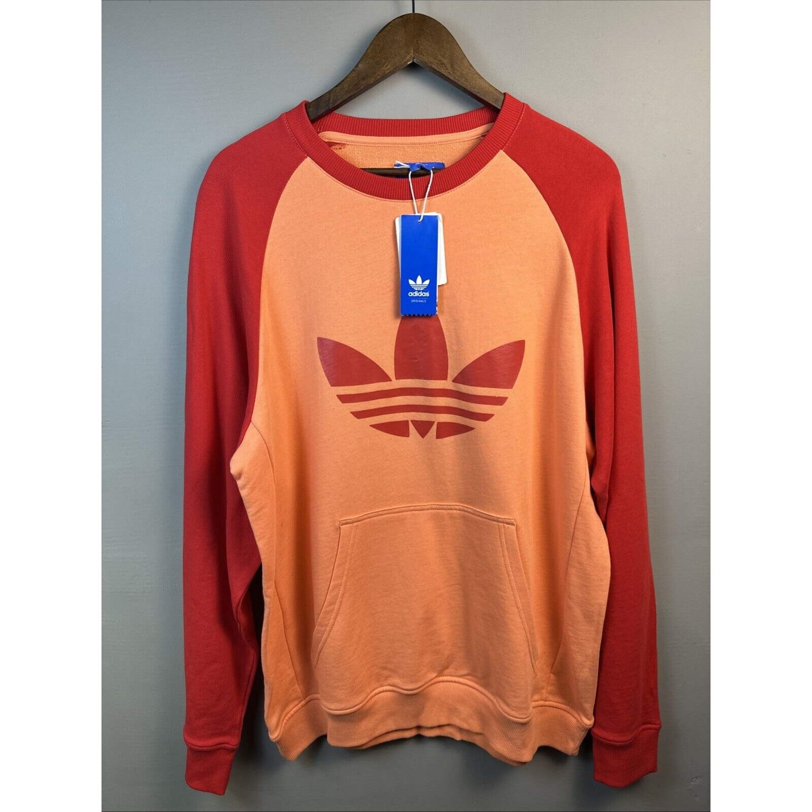 Adidas Men's Crewneck Fleece Sweatshirt Big Trefoil Logo Retro Orange Red L NWT