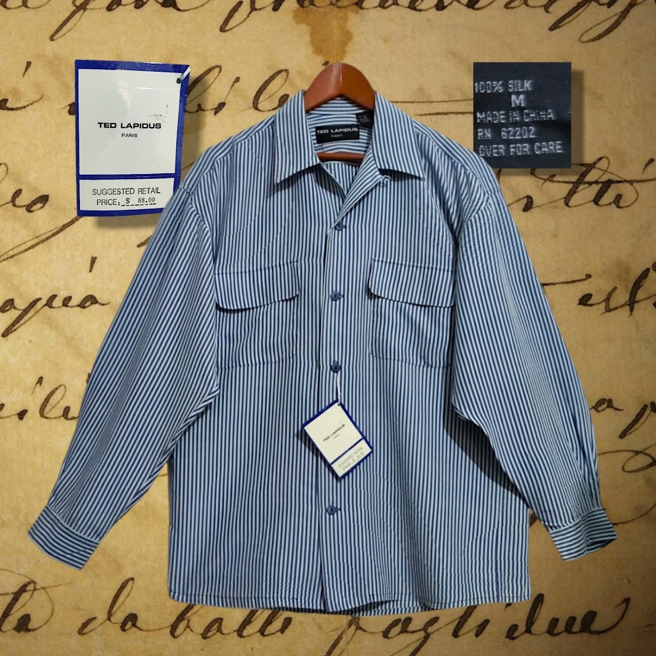 Ted Lapidus ~ Men's blue/white striped 100%silk shirt (M) NWT VTG 80's-90's