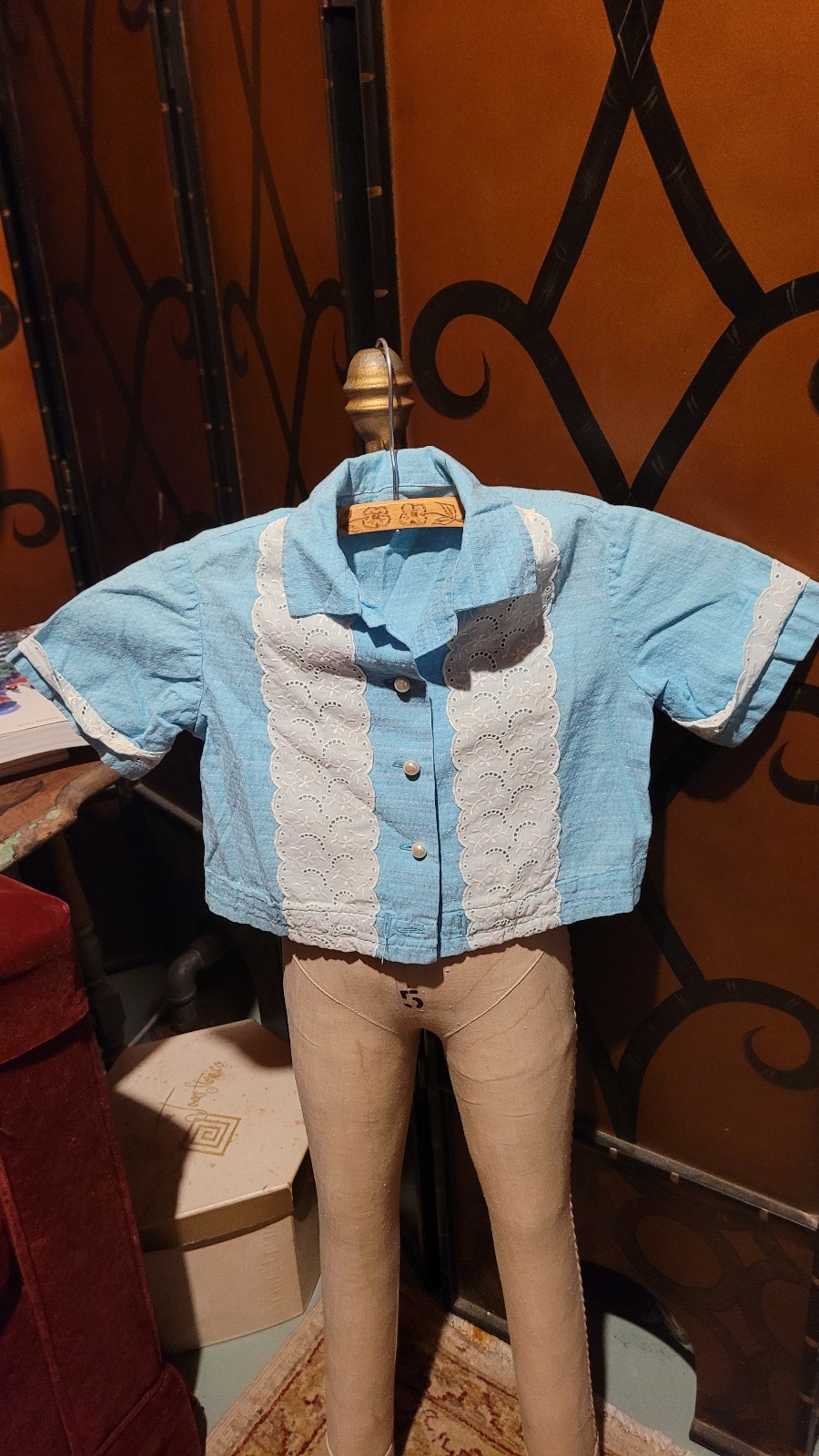 Rare find. 1950s Baby Blue 1950s Shirt with lace details and faux pearl buttons