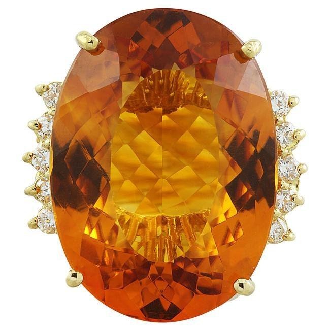 32.55Ct Natural Oval Orange Citrine & Diamond Solitaire Ring 14k Yellow Gold