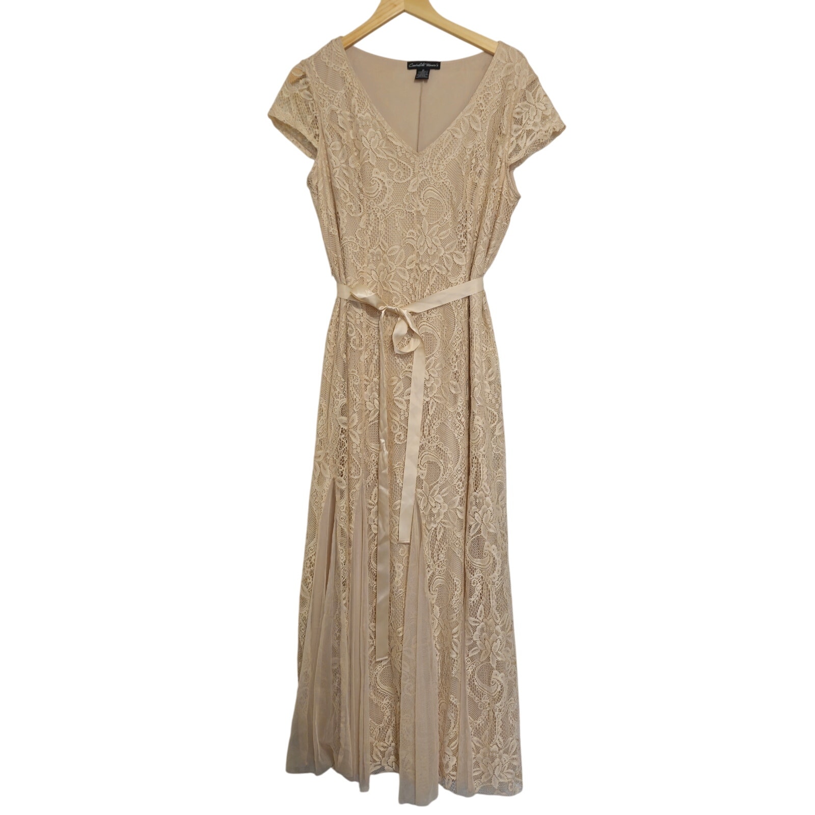 Candalite Women Champagne Beige lace Sheath Dress vented bottom Maxi Sz. 1X