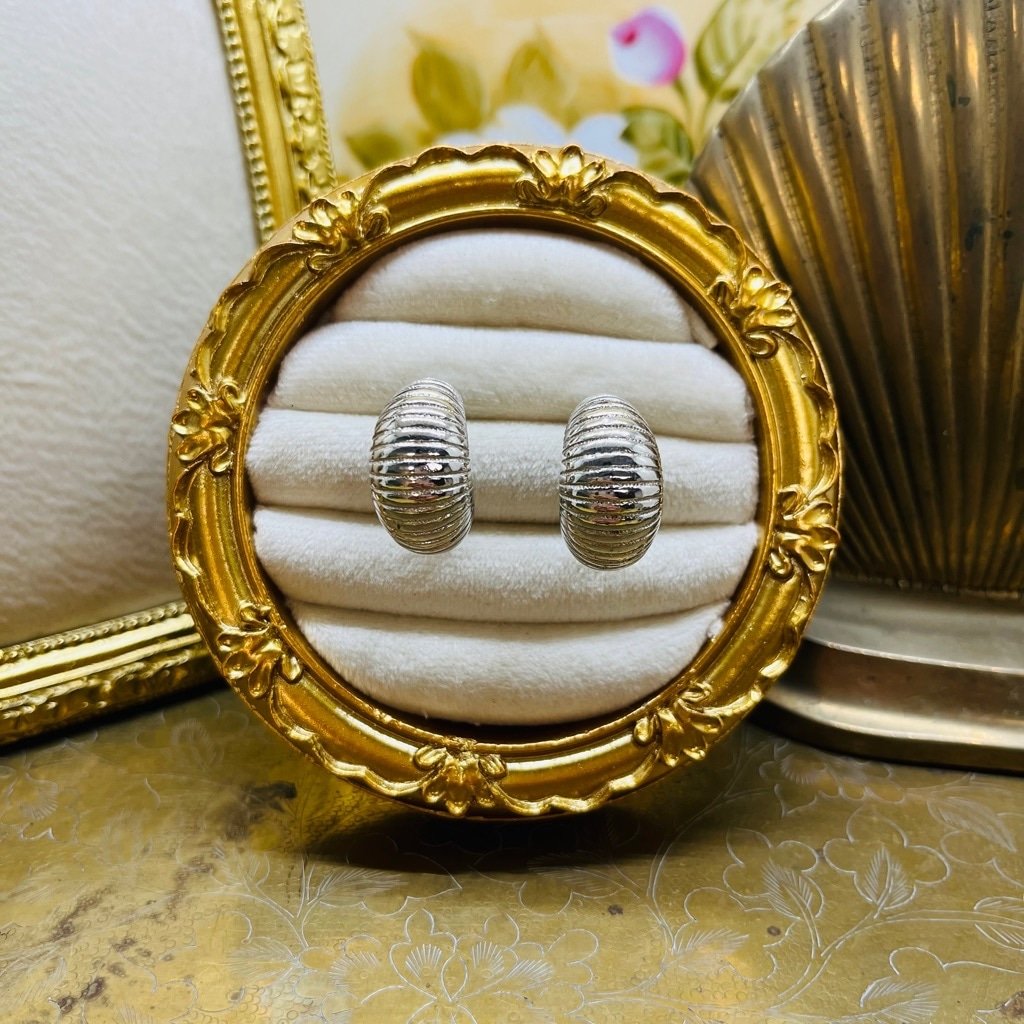 Vintage Midcentury Monet Hoop Earrings Textured Silver Toned Metal Signed Retro
