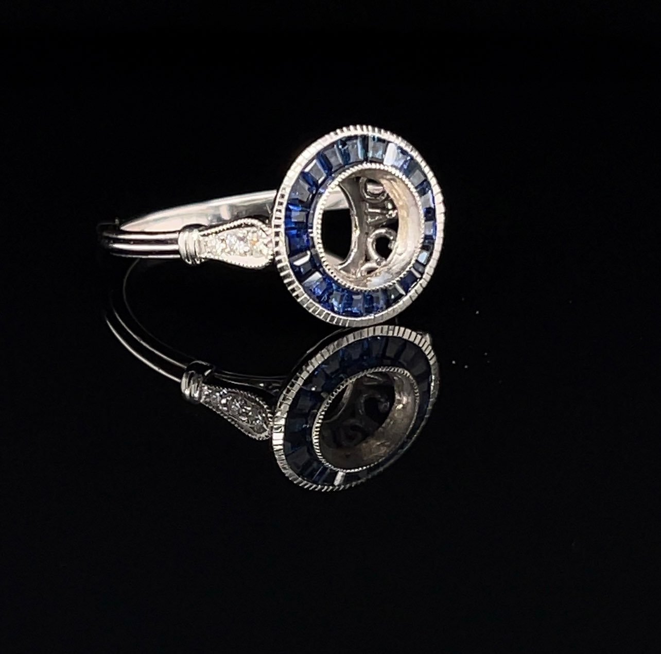 Art Deco 14K White Gold Semi Mount Ring Natural Sapphire & Diamond 1 Ct Round