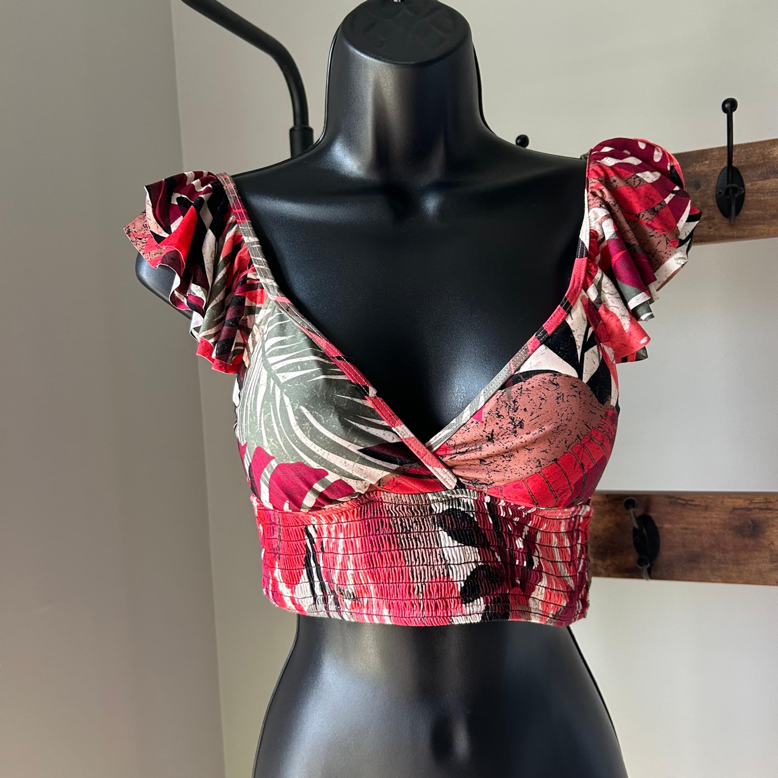 Carmen Marc Valvo Smocked Ruffled Ruched Bikini Top Red Floral Size Small New