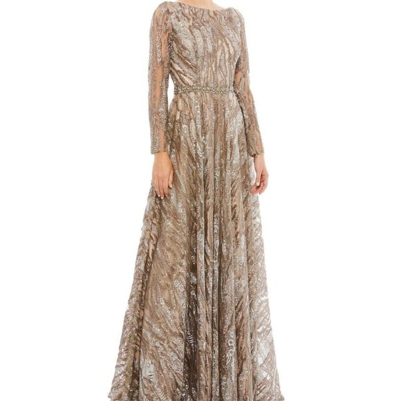 Mac Duggal Mocha Embroidered & Embellished Long Sleeve Tulle Ballgown