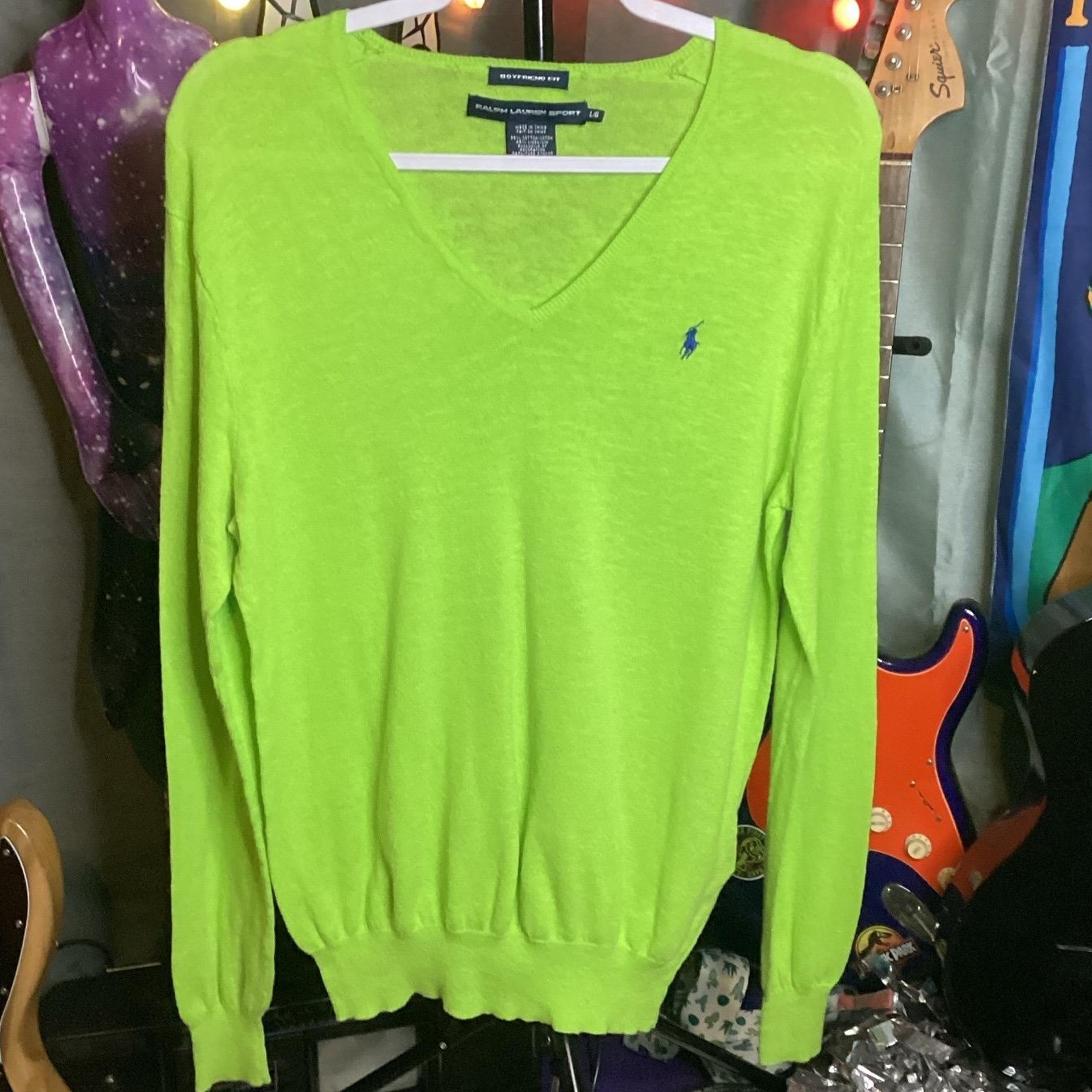 Neon Green V-Neck Ralph Lauren Polo Lightweight Sweater size L