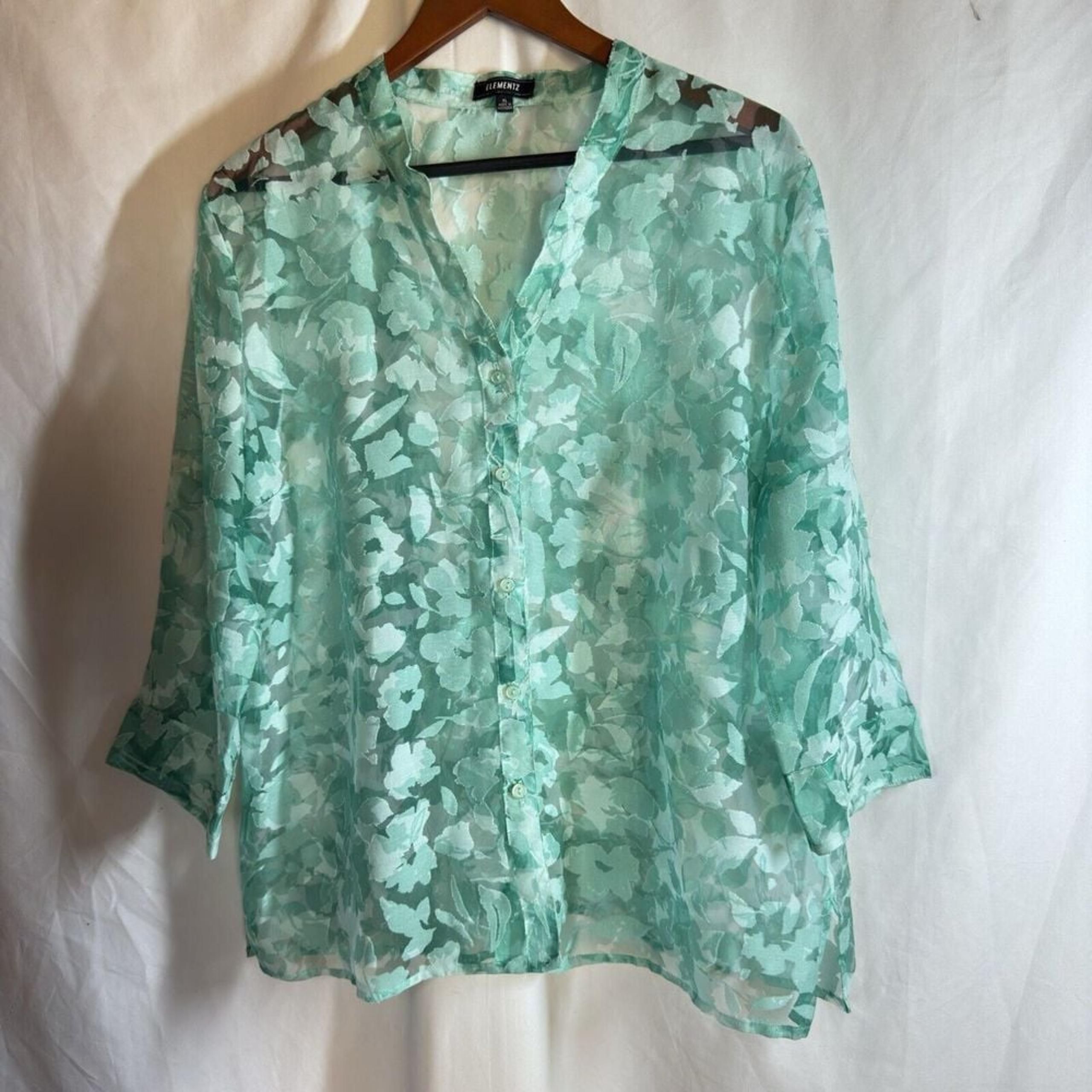 Elementz Top Women's Size XL Burnout Mint Green Lace Blouse Button Front Fairy