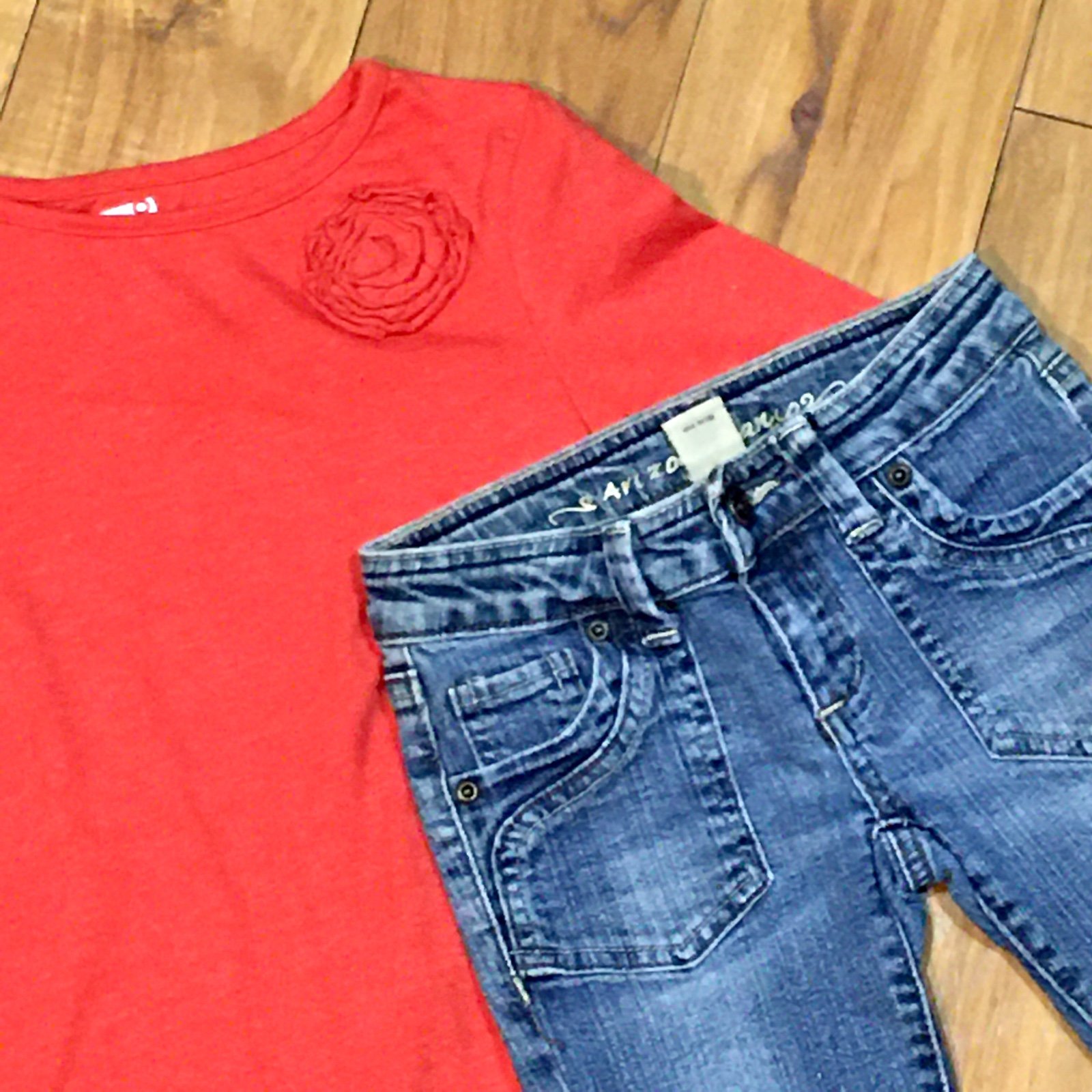 Flower rose red shirt top and crop denim sequin bling denim jeans - girl school