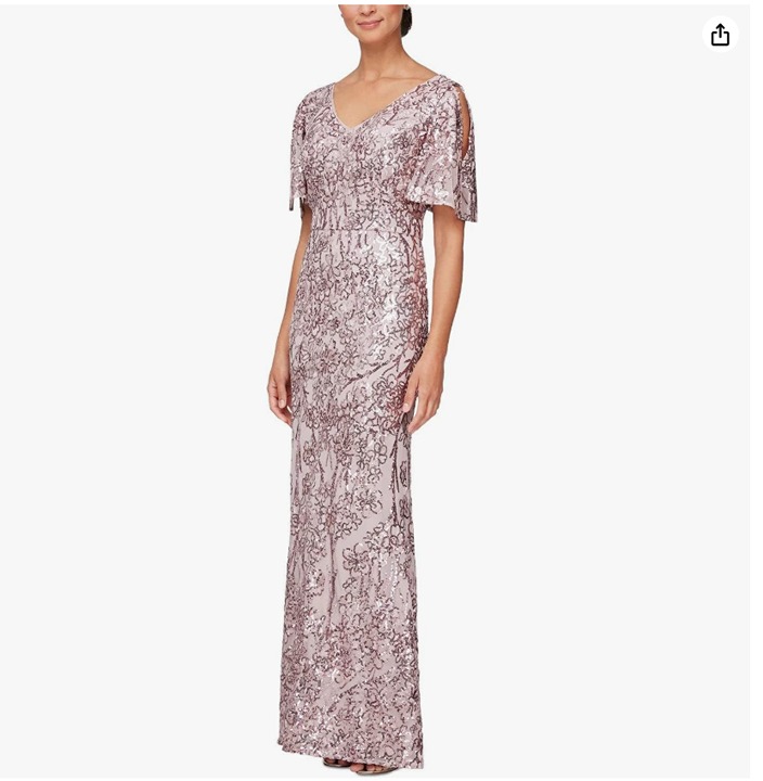Alex Evenings V-Neck Sequin Dress with Cold Shoulder Flutter Sleeve (Blush, 18)