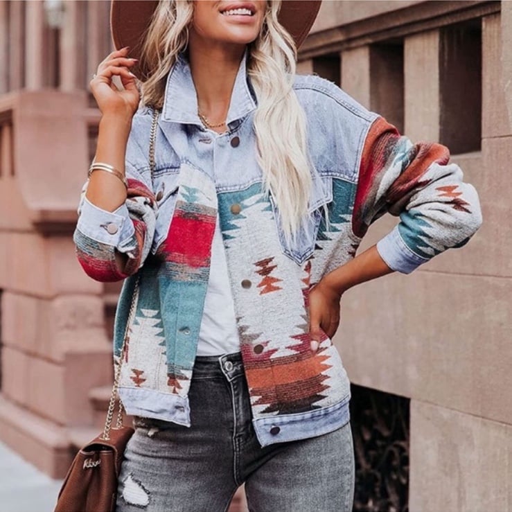 New Western Denim Aztec Boho Jacket