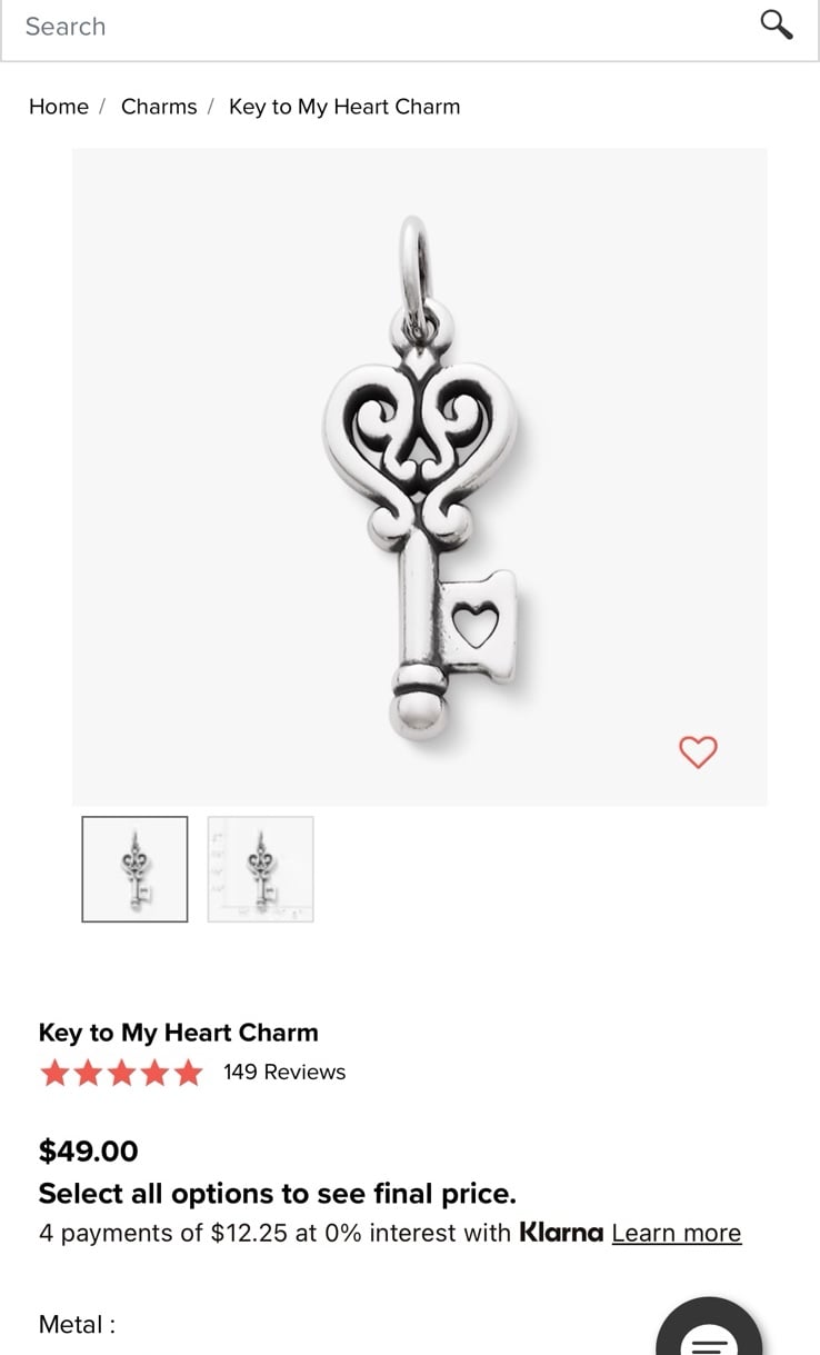 James Avery key to my heart charm