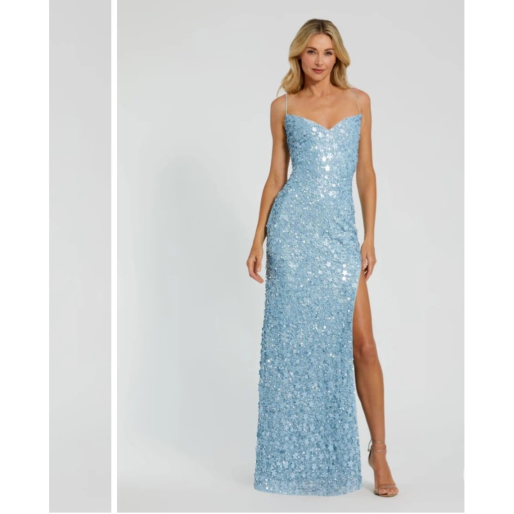 Mac Duggal Embellished Spaghetti Strap Sweetheart Gown with Slit in Ice Blue
