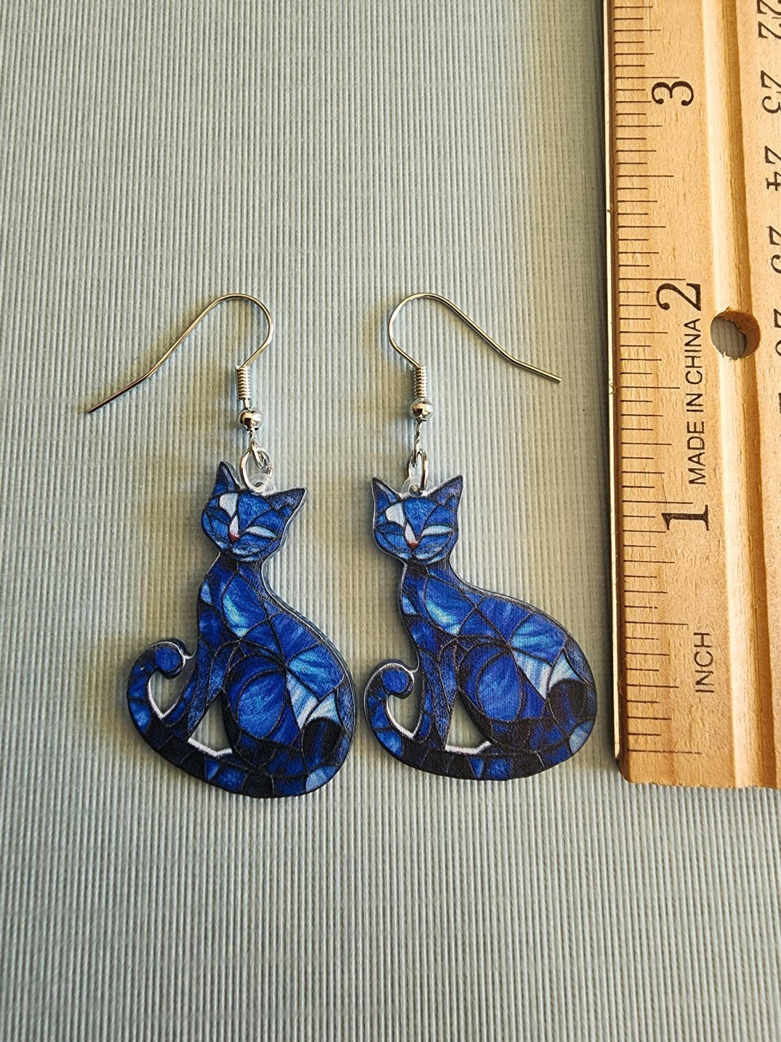 Blue Stained Glass Cat Acrylic Earrings Brand New