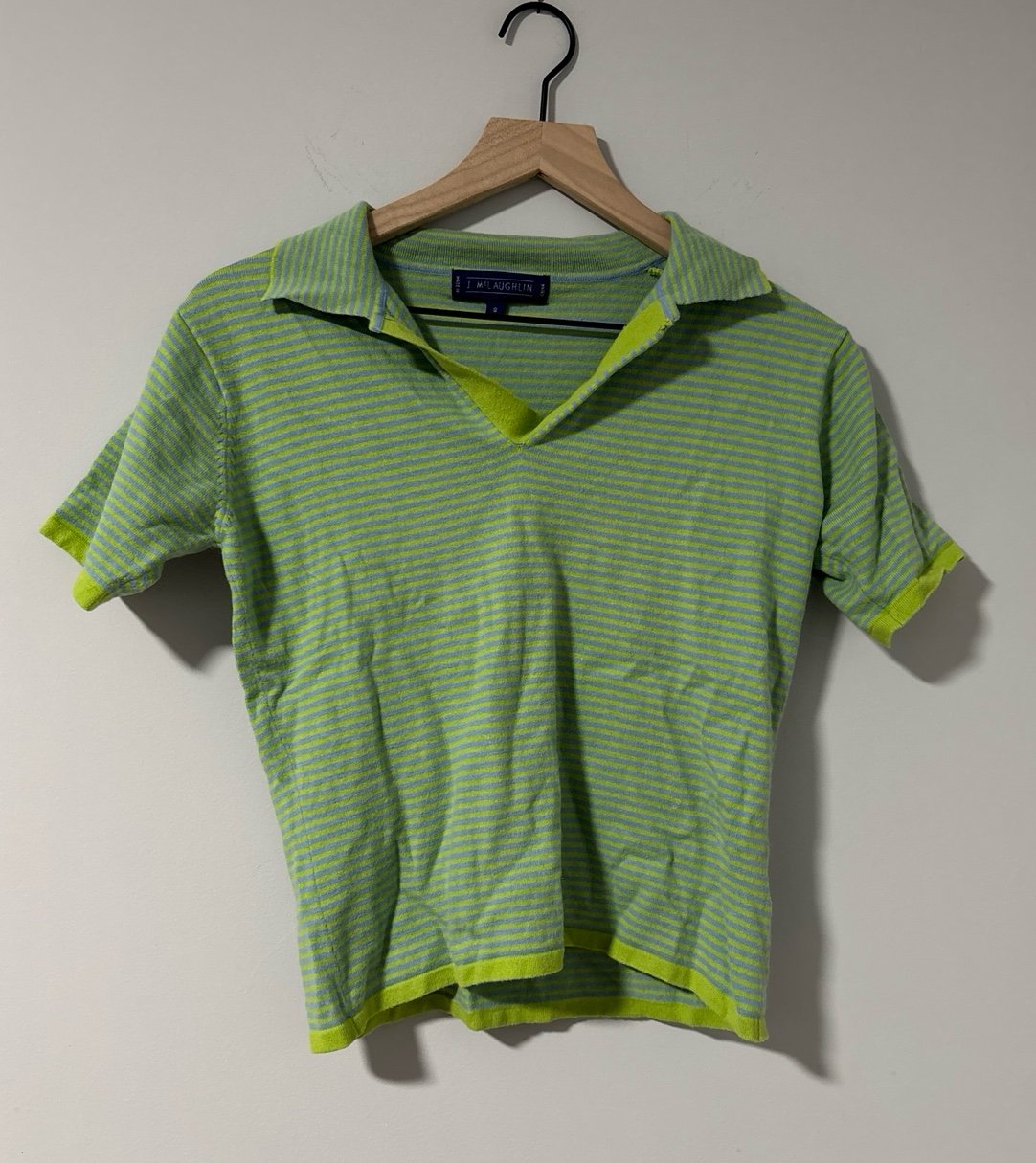 J. McLaughlin Cotton/Cashmere Blend Blue and Green Striped Blouse, Size Small