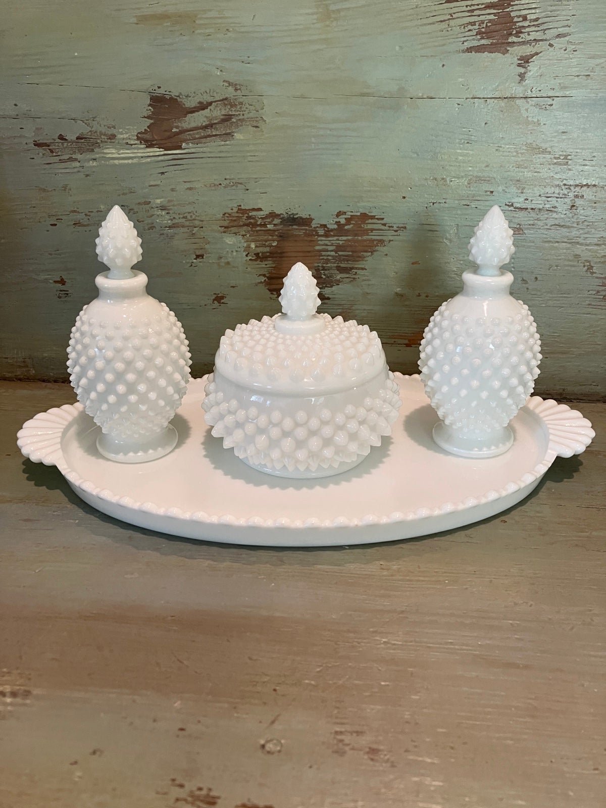 HTF Fenton milkglass Hobnail vanity set