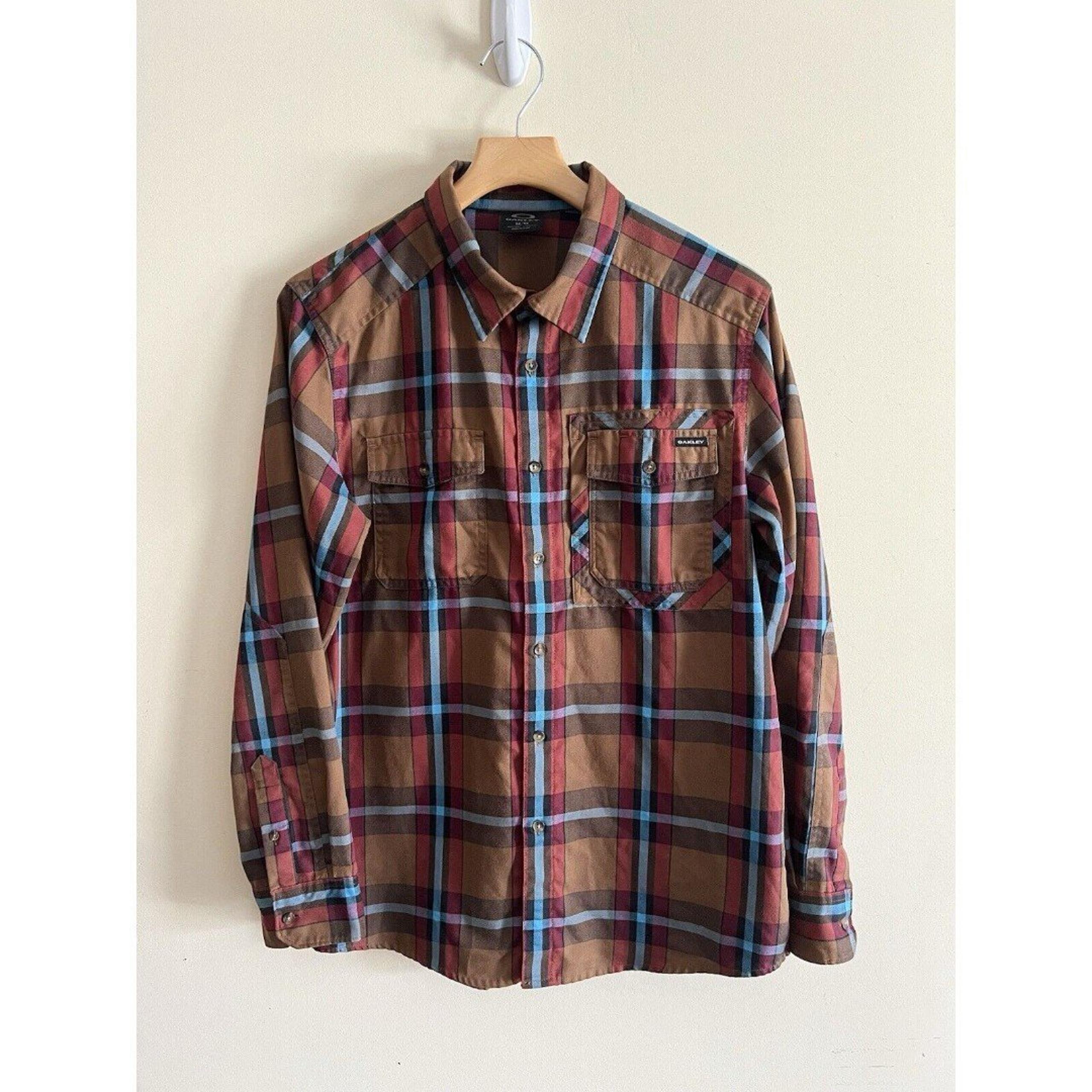 Oakley Flannel Mens Medium Button Down Shirt Fall Brown Blue