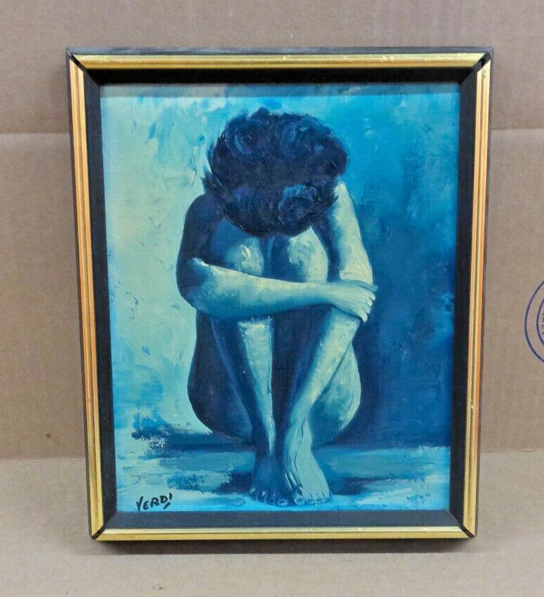 Mid-Century Blue Painting of a Nude Female Portrait - Signed by Verdi 11'' x 9''