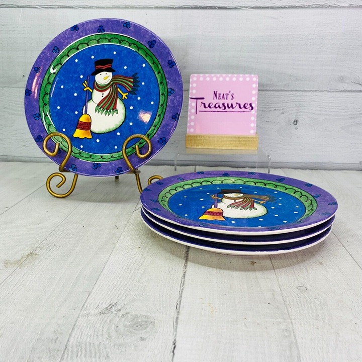 Sango Sue Zipkin SWEET SHOPPE CHRISTMAS Purple Snowman Salad Lunch Plates Set 4