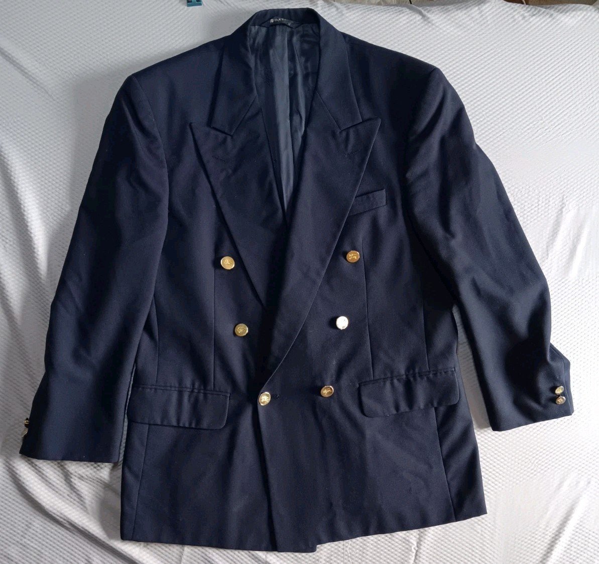 Vintage Burberry 43? Wool Navy Blue Gold Button Double Breasted Jacket Blazer