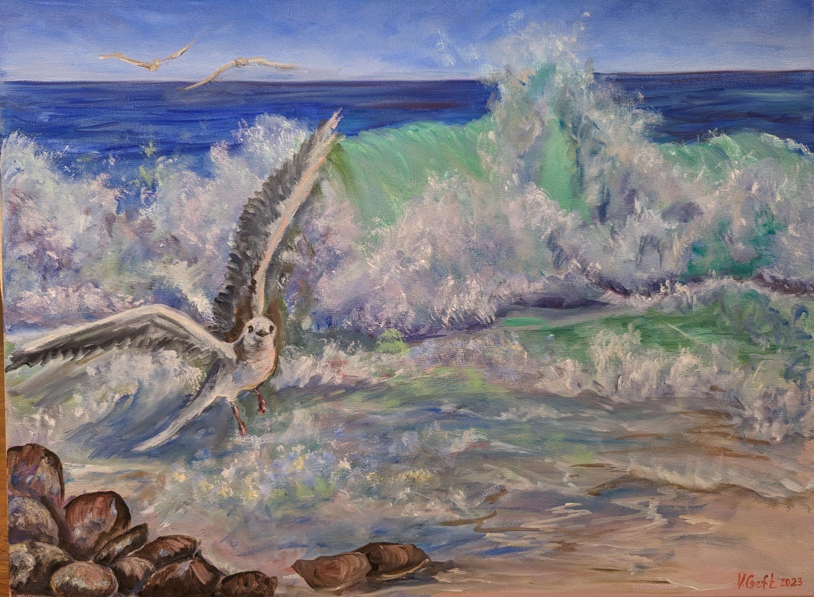 24x18 inches. Ocean seagull. Oil painting.