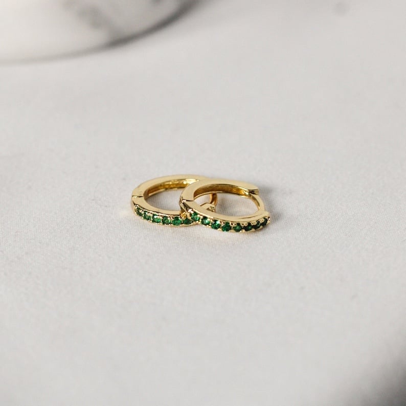 14K Gold Emerald Pavé Birthstone Huggie Hoop Earrings, NWT