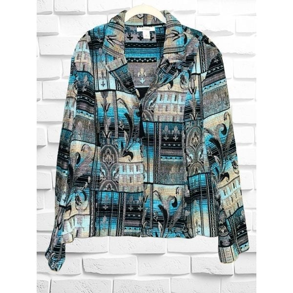 Dressbarn Women's Size 3X 3/4 Zip Up Blue Black Silver Tapestry Patchwork Jacket