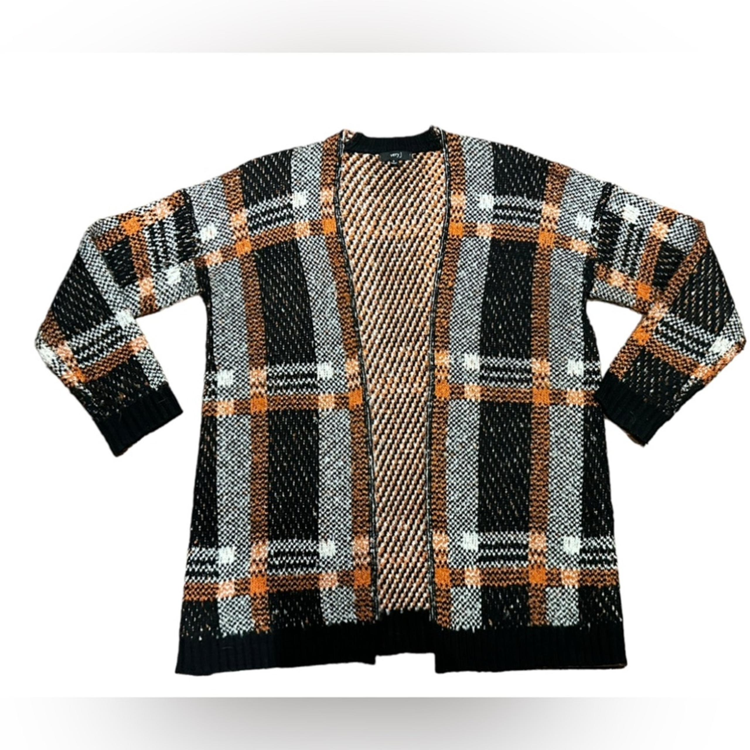 Very J Women Size s Small Black and Orange Plaid Open Front Cardigan Sweater