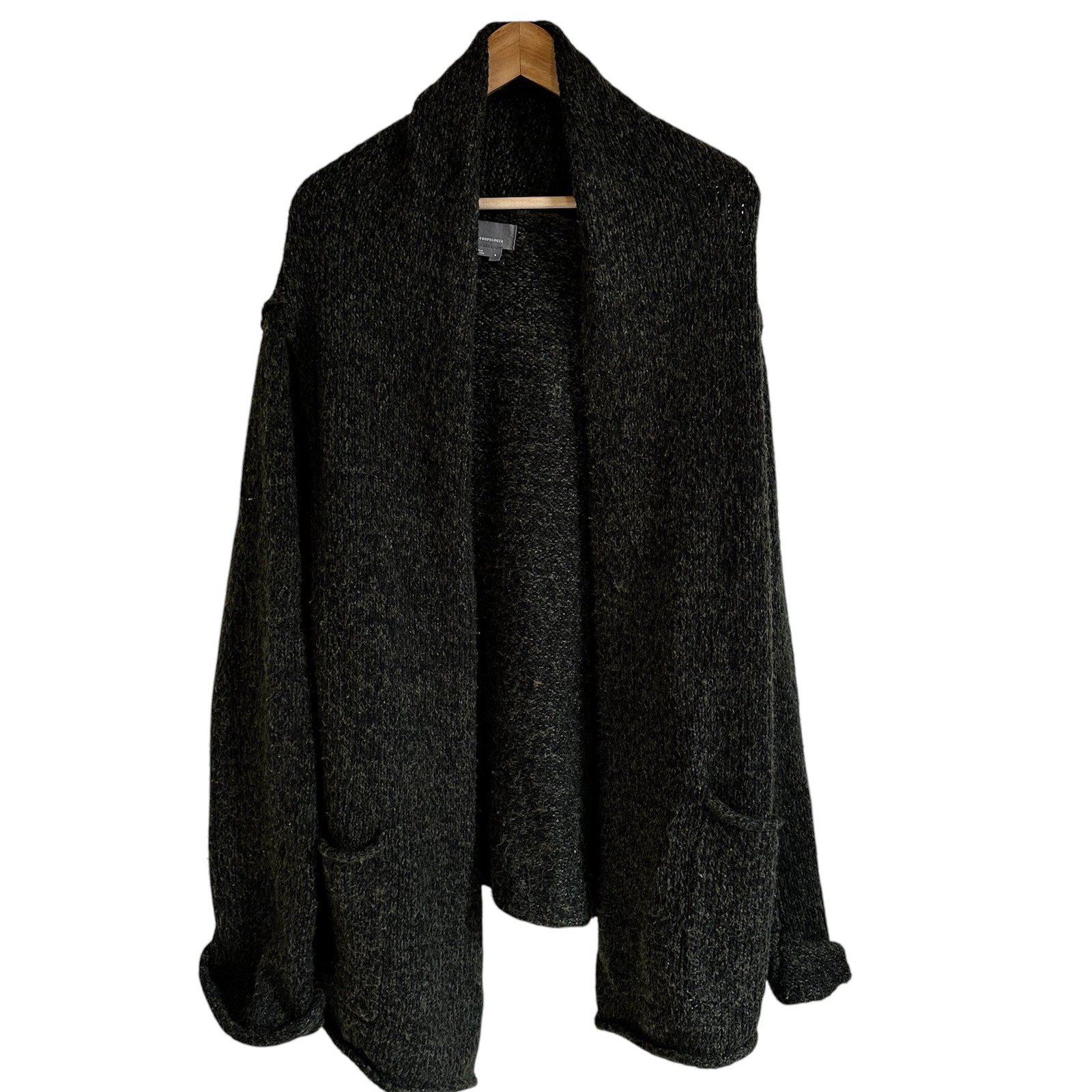 Anthropologie Open Front Cardigan Sweater Knit Pockets Cozy Olive Green S