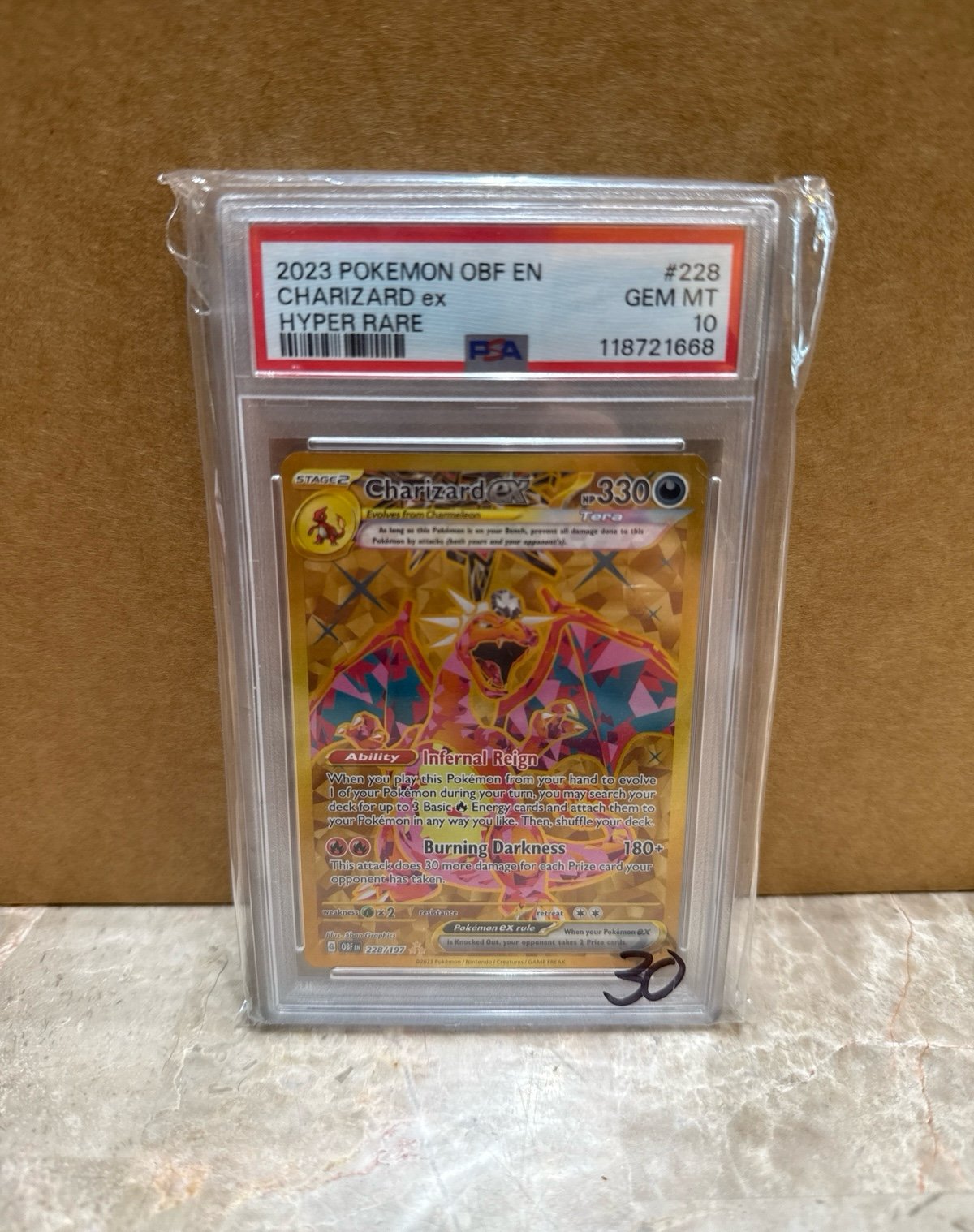 PSA 10 Charizard ex Hyper Rare GOLD Pokemon Card 228/197 Obsidian Flames 2023