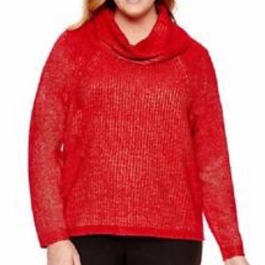 Worthington Woman Red Metallic Cowl Neck Sweater Plus Size 2X Long Sleeve