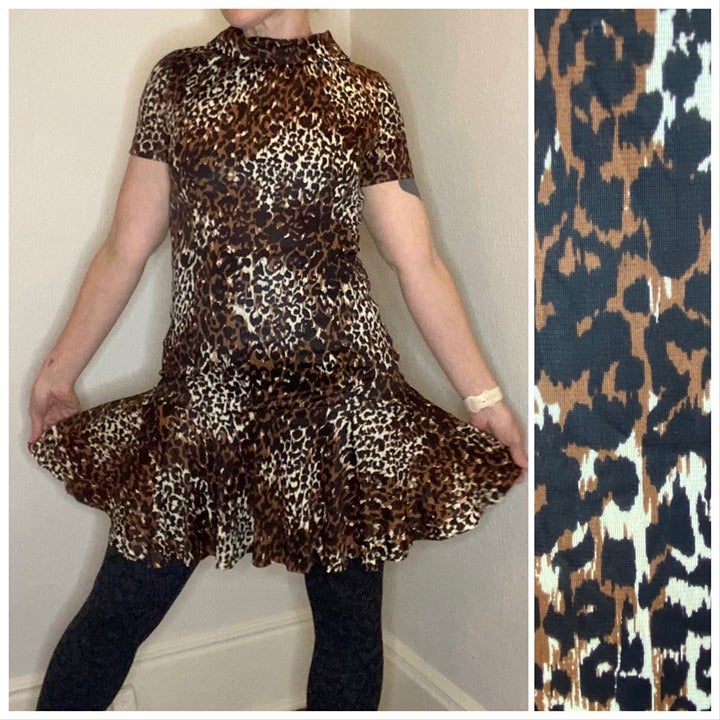 Vintage 1960s Animal Print Drop Waist Mini Dress, Size Small, Leopard, Cat