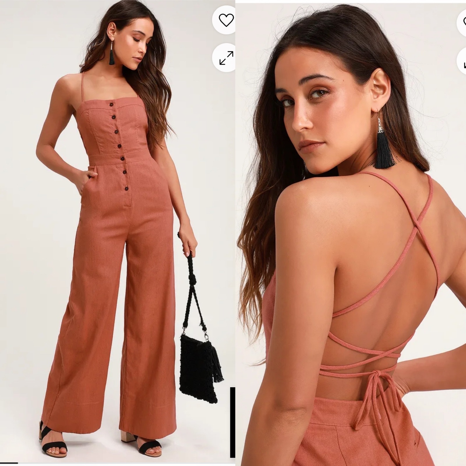 Lulus linen cotton Beach Day Rusty Rose Backless wide leg Jumpsuit size medium