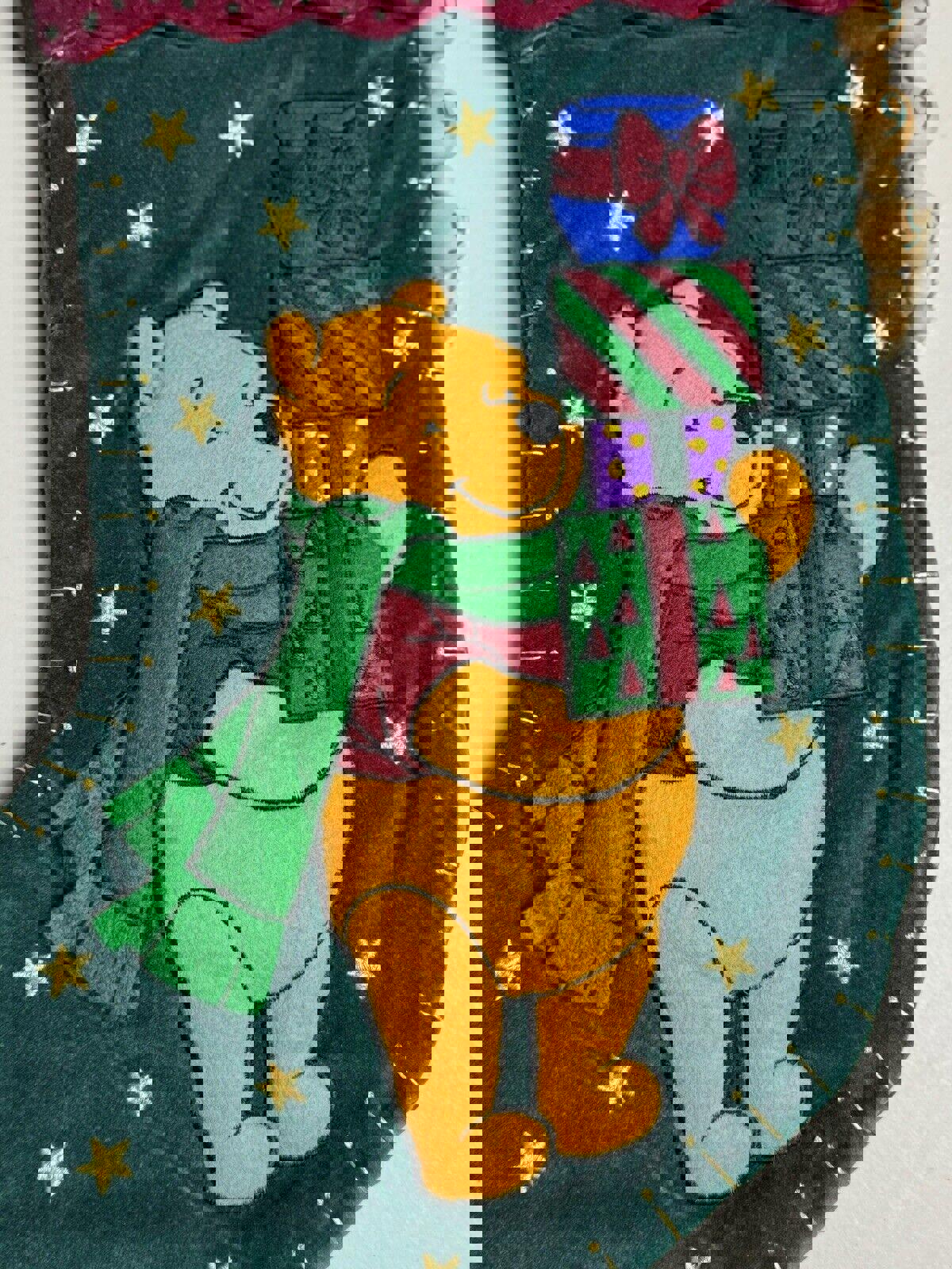 Disney Store Christmas Stocking Winnie The Pooh 1999 Vintage 90s Green and Red