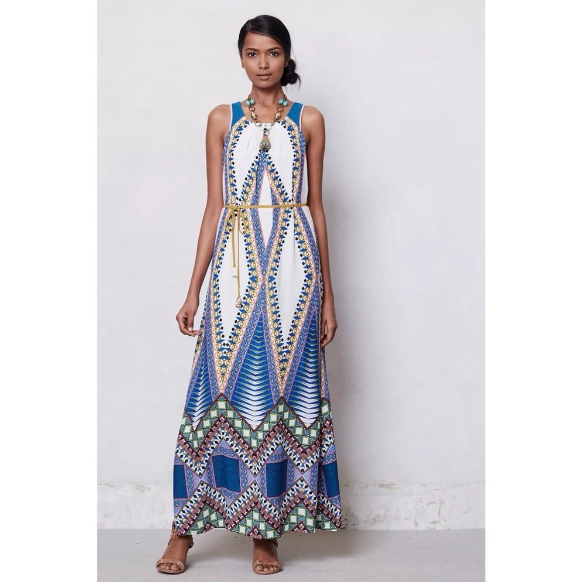 Anthropologie Maeve Pakpao Dress White Blue Maxi Geometric Print Women’s Size 2
