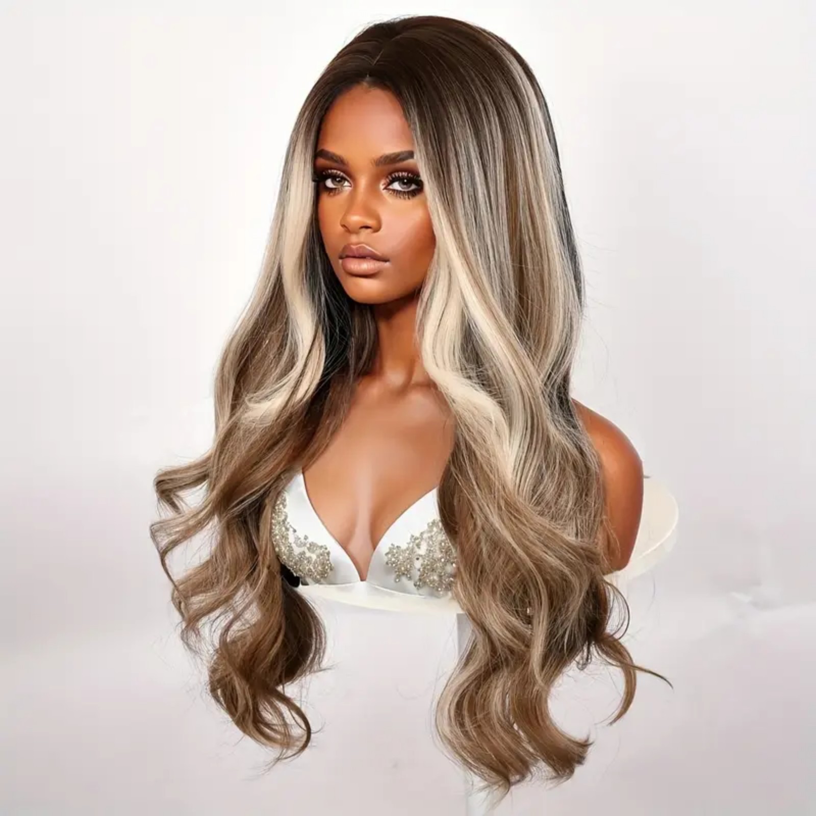 Synthetic Wig Shoulder Long Water Wave Brown Highlights Wig With Brown Roots Loo