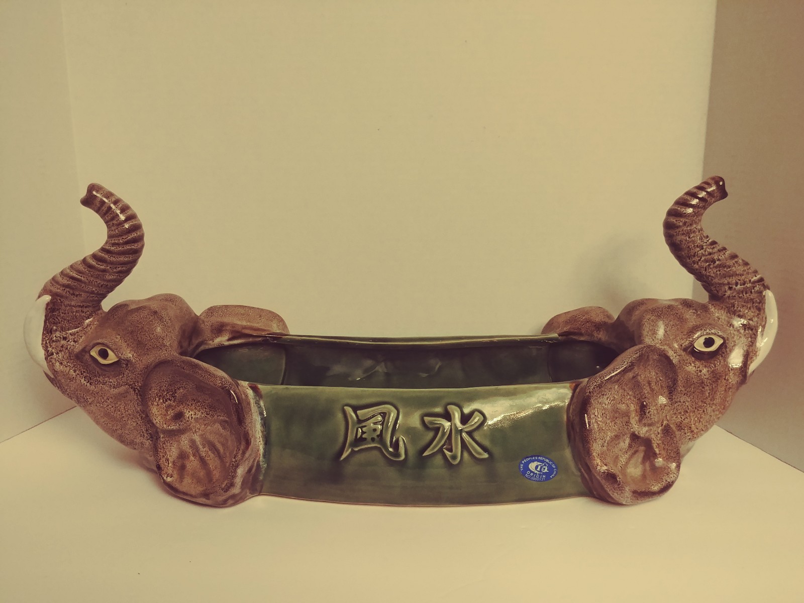 Vintage Ceramic Two Headed Elephant Planter - Pottery - Large at 23 1/8