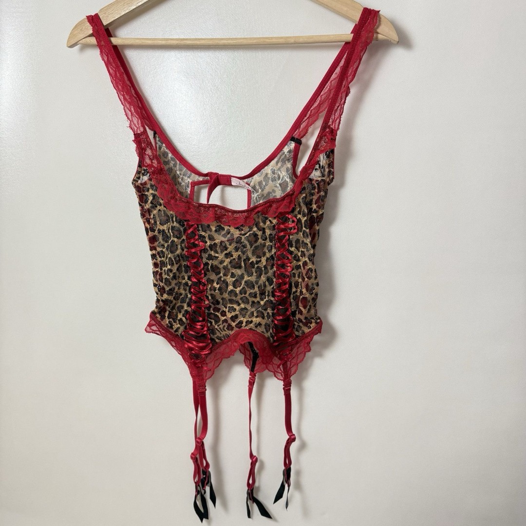 Jezebel Corset Womens M Leopard Red Lace Up Lingerie Garter Pinup Sexy Bustier
