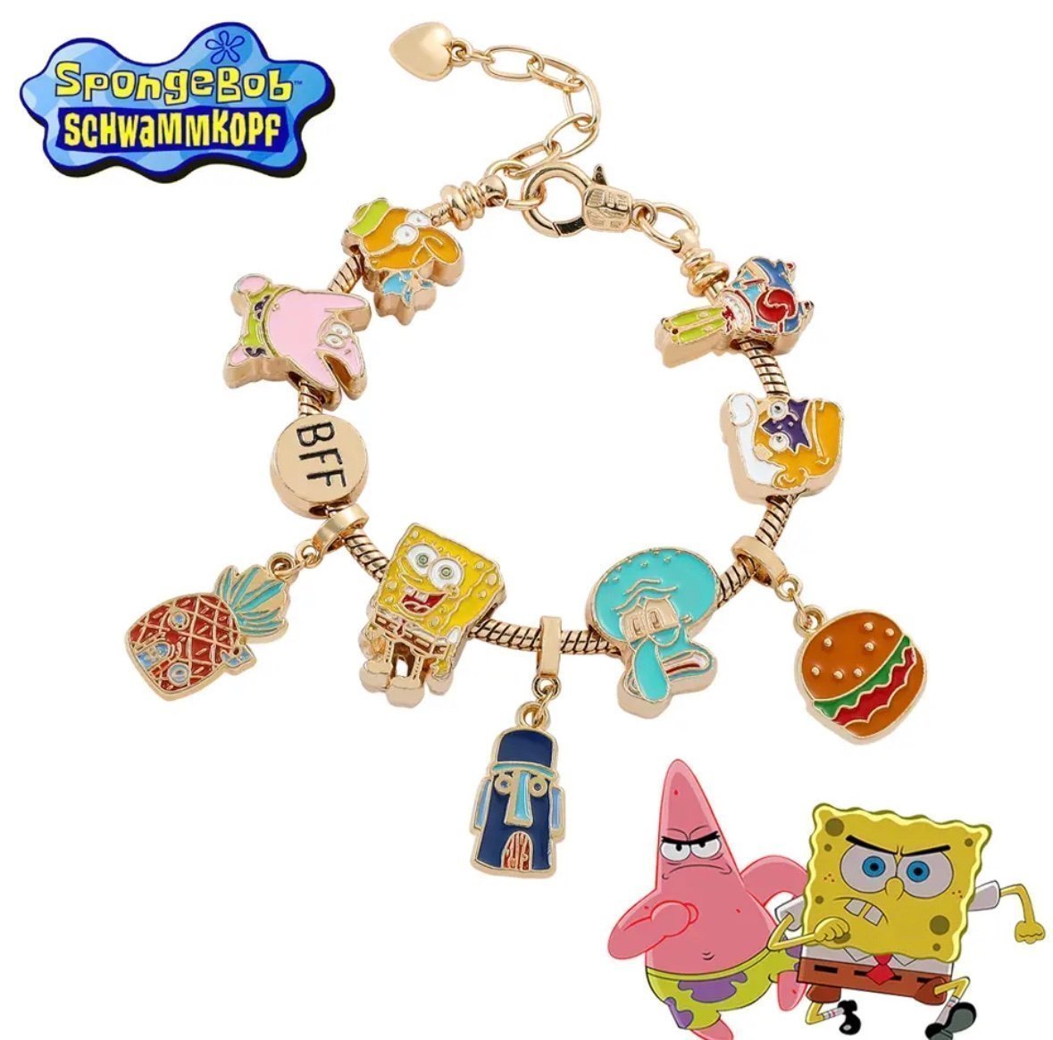 Gold Plated SpongeBob SquarePants Charm Bracelet Adjustable Sizing