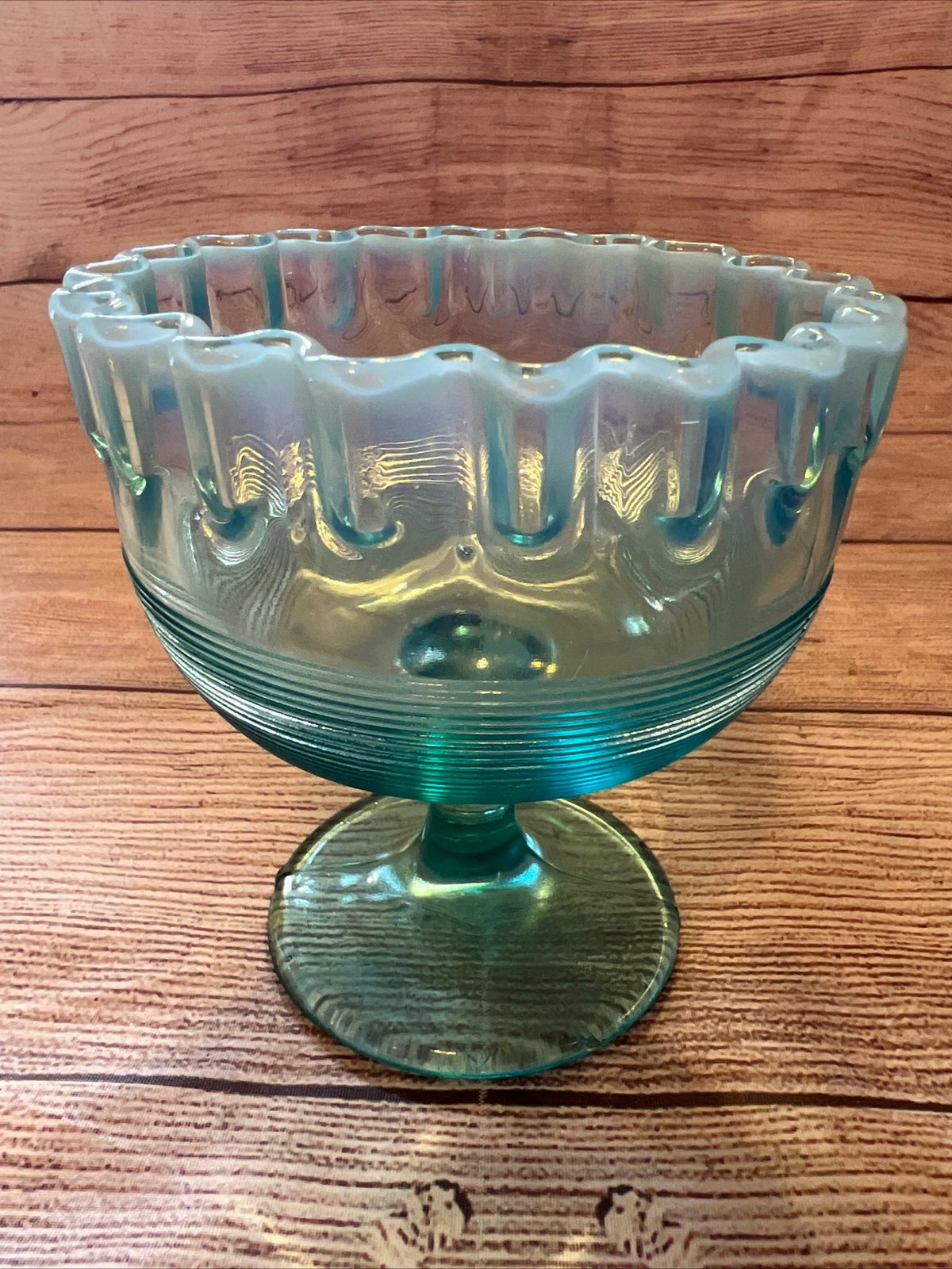 Northwood Spool Opalescent Blue Comport Compote Glass USA c 1903 4.5x4.5”