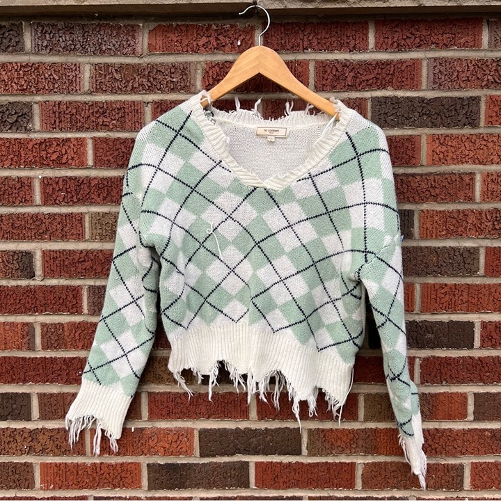No Comment Cream and Sage Green Argyle Print Distressed Hem Cropped Sweater