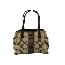 Coach Signature Stripe Khaki Mahogany Carryall Shoulder Bag