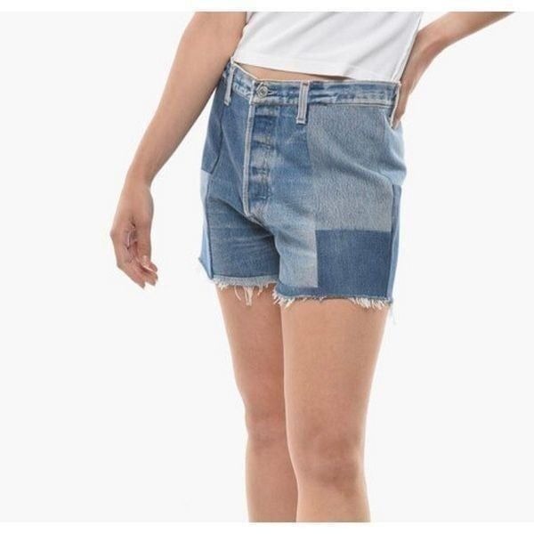 RE/DONE LEVI'S DENIM PATCHWORK SHORTS WITH FRAYED HEM Size 27