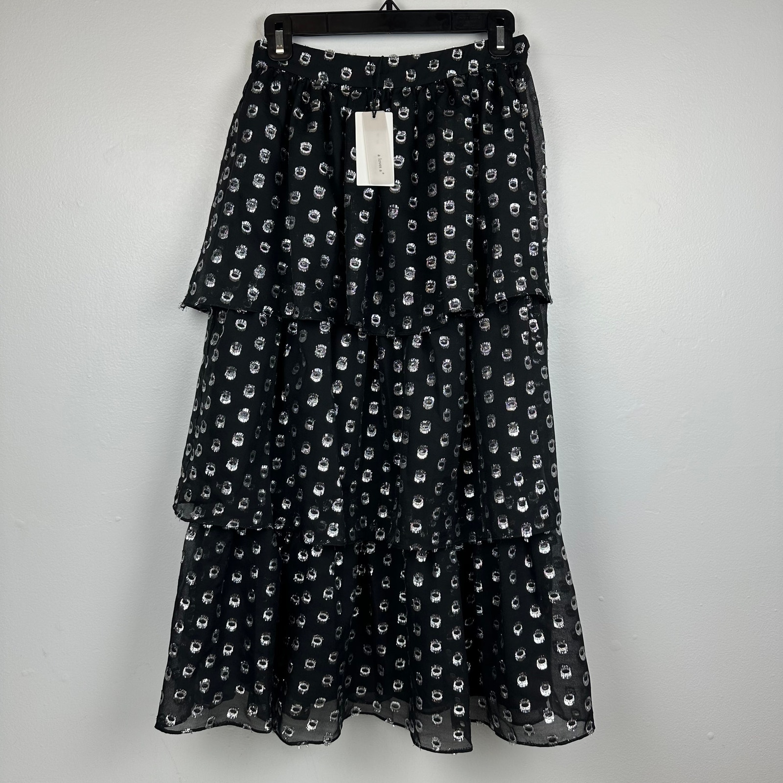 NWT a Loves a Womens Dotted Pattern Lined Tiered Black/Silver Long Skirt Small