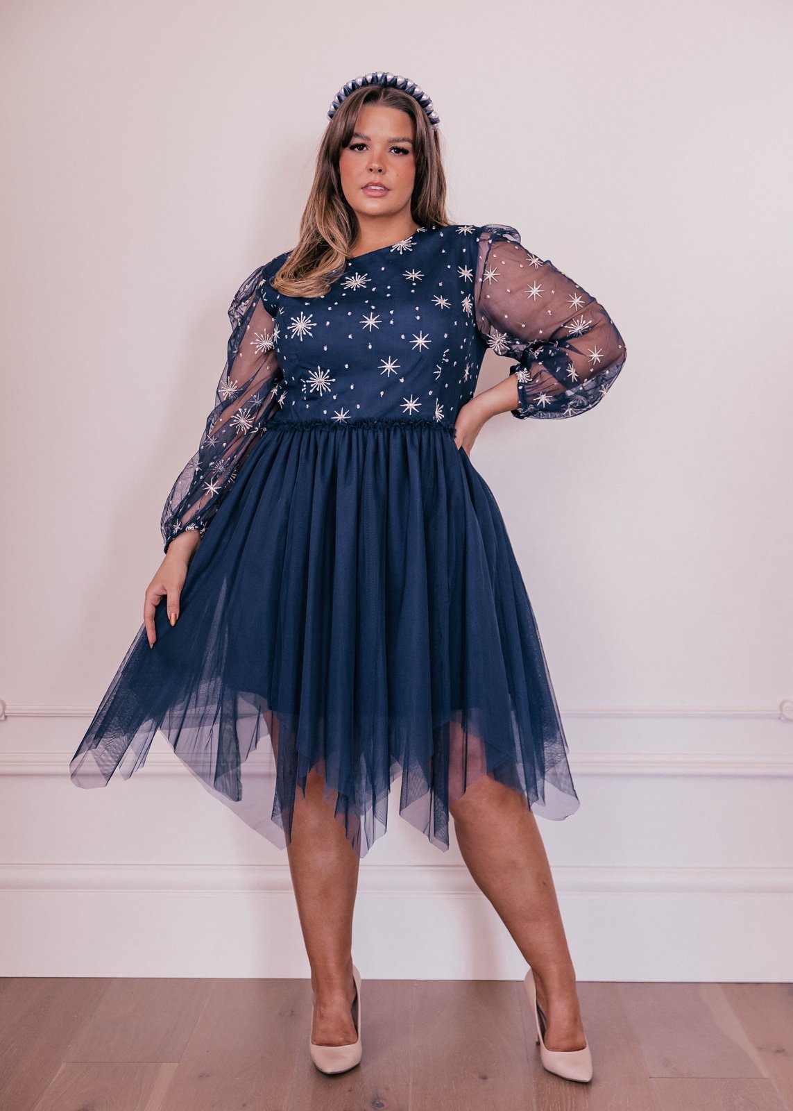Jessakae Navy Blue Starburst Embroidered Tulle Knee Length Party Dress