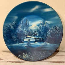 Vintage Gold Mining Pan Hand Painted Artist Signed Cabin Snow Northern Lights